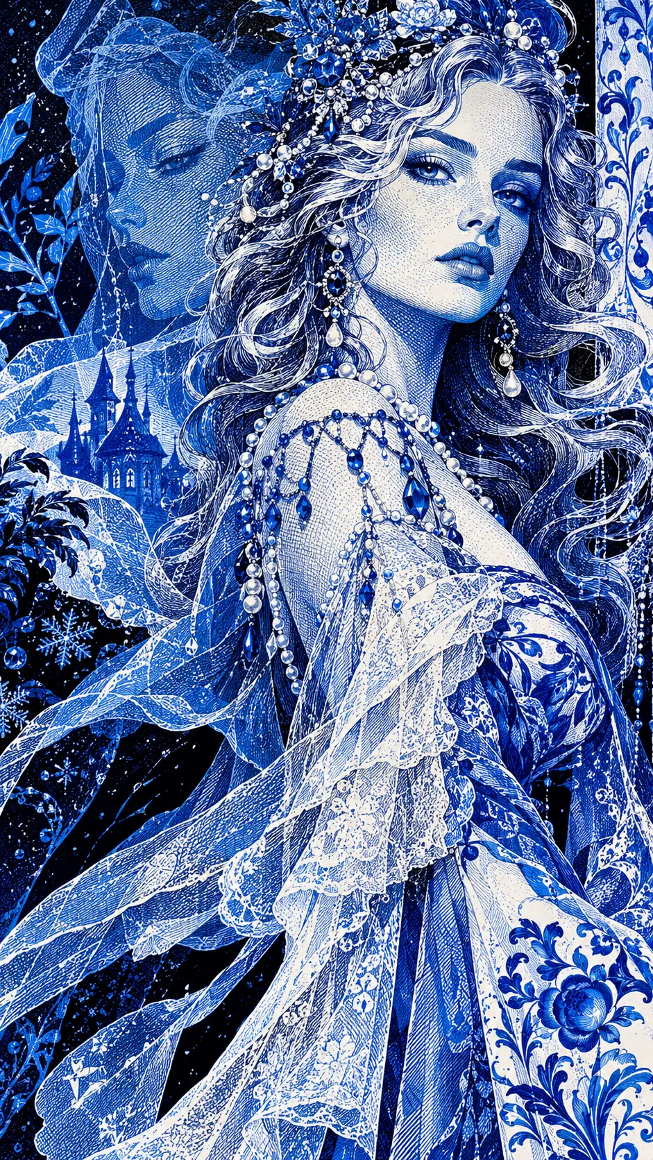 Femme bleue mystique de fantaisie émergeant dans une pop art gravée
