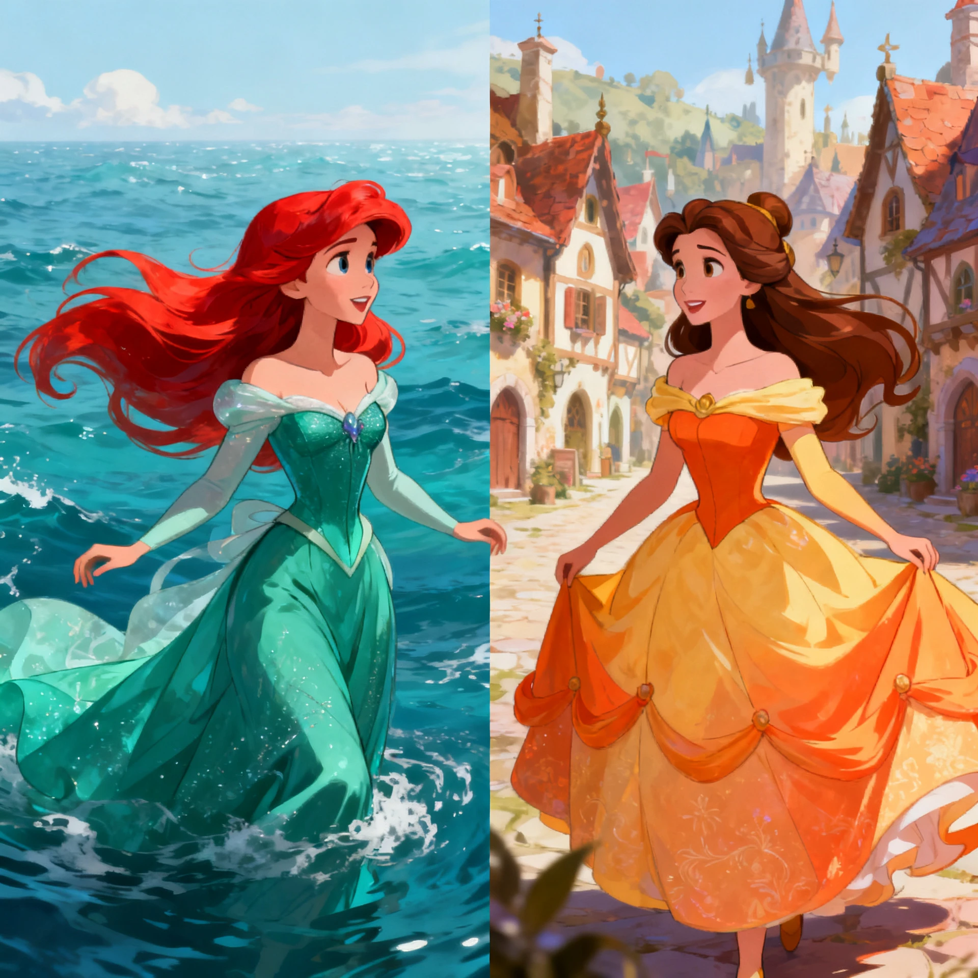 Irmãs princesas em cena dividida entre o oceano e uma cidade de conto de fadas