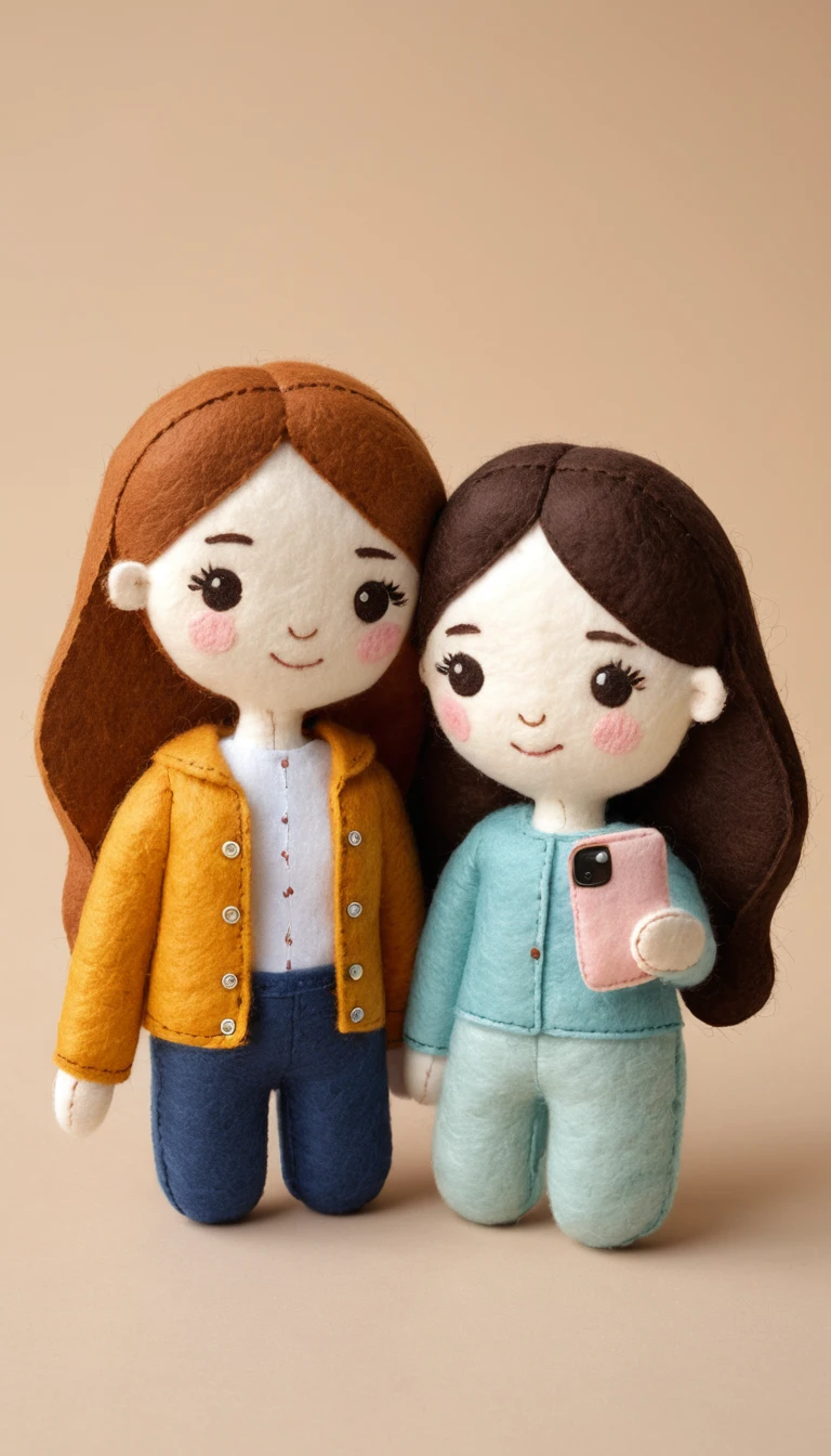 Duas bonecas de feltro tirando uma selfie fofa juntas