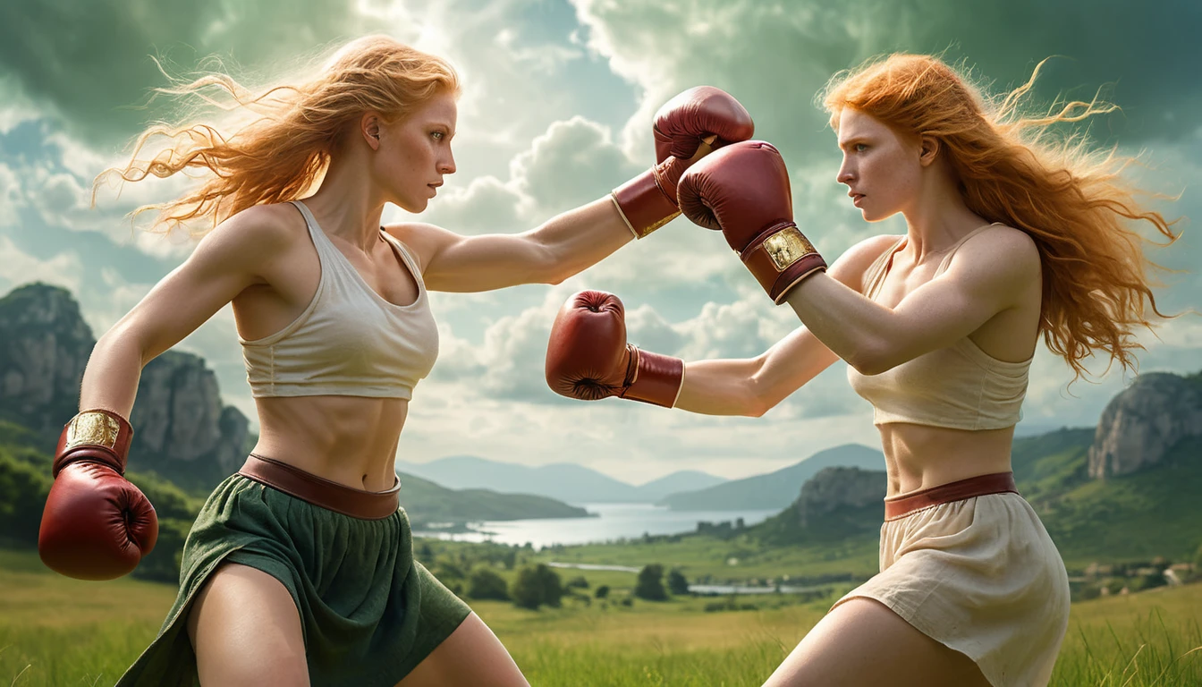 Duas mulheres de tanga em um duelo de boxe no prado
