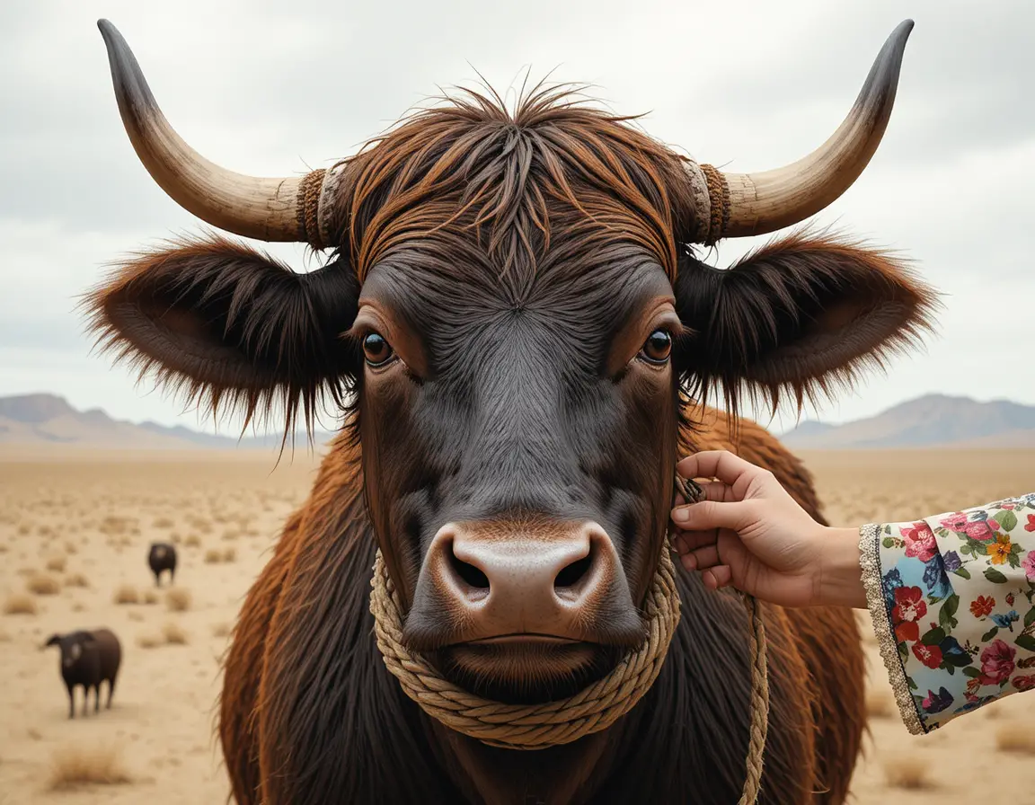 Close up of a brown cow facing the camera calmly