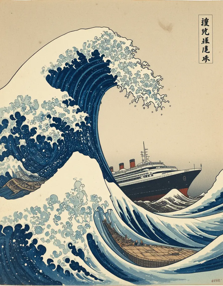 巨大的翻湧海浪高聳在現代郵輪之上