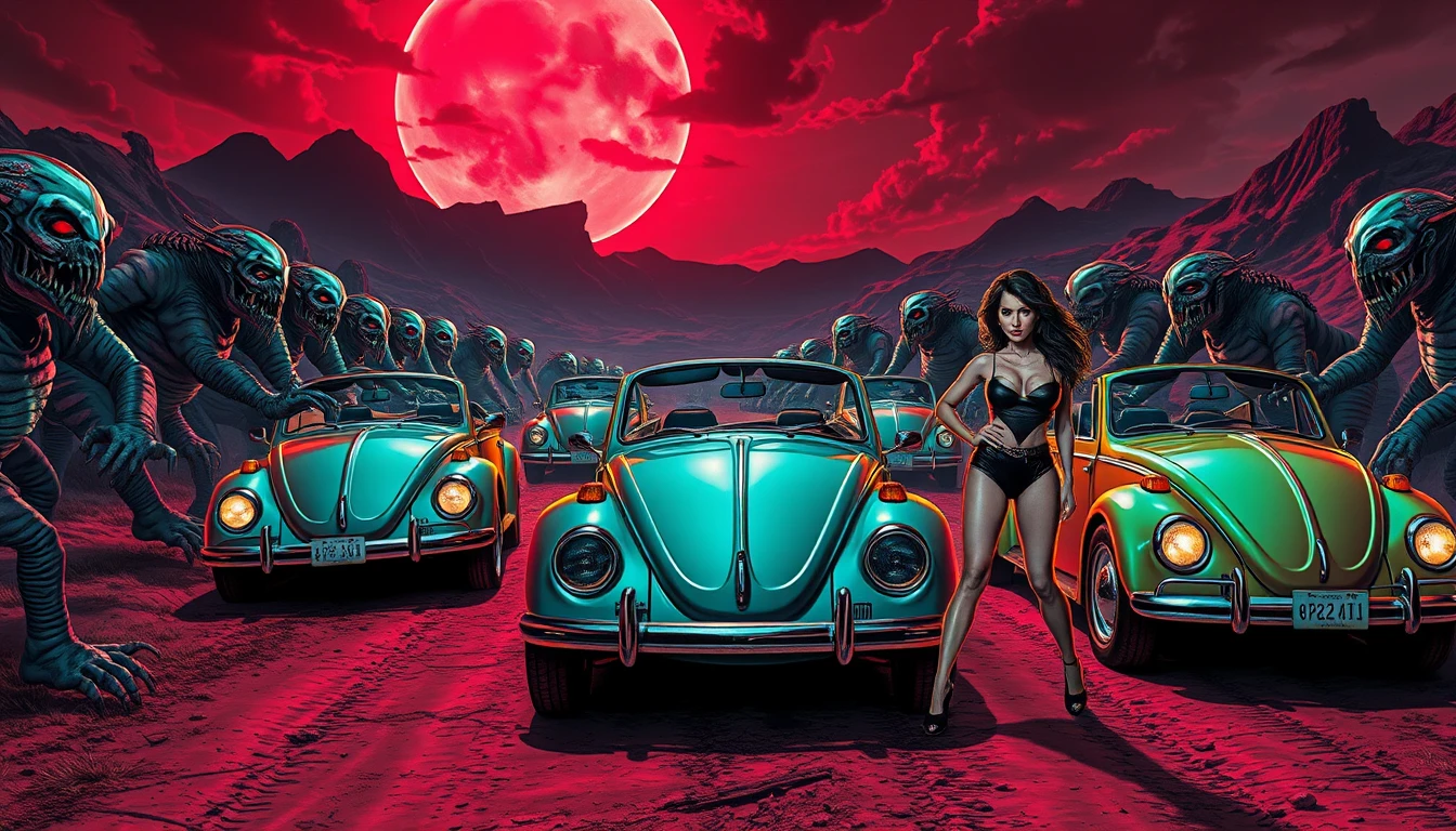 Mulheres surreais enfrentam monstros em uma estrada de sonho neon