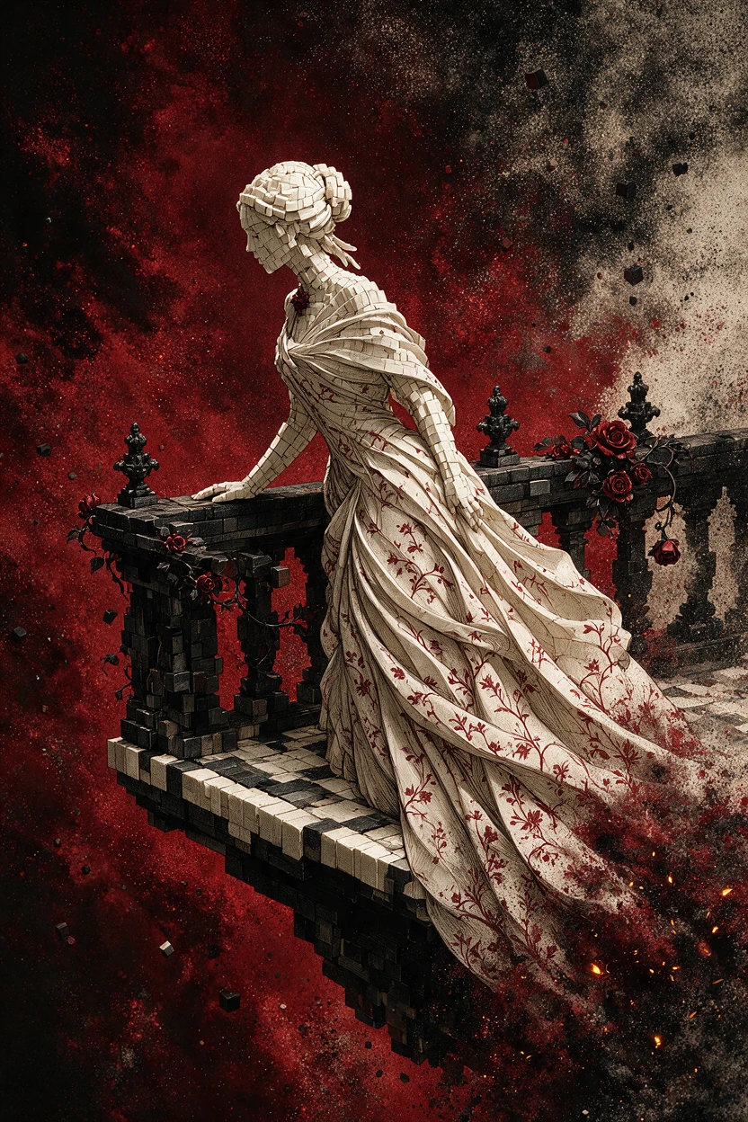 Mulher surreal de blocos de marfim em uma varanda flutuante