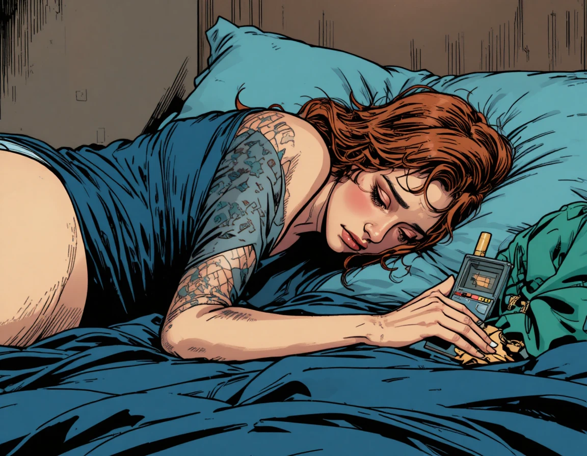 Mulher descansando na cama com pager em ilustração em estilo HQ