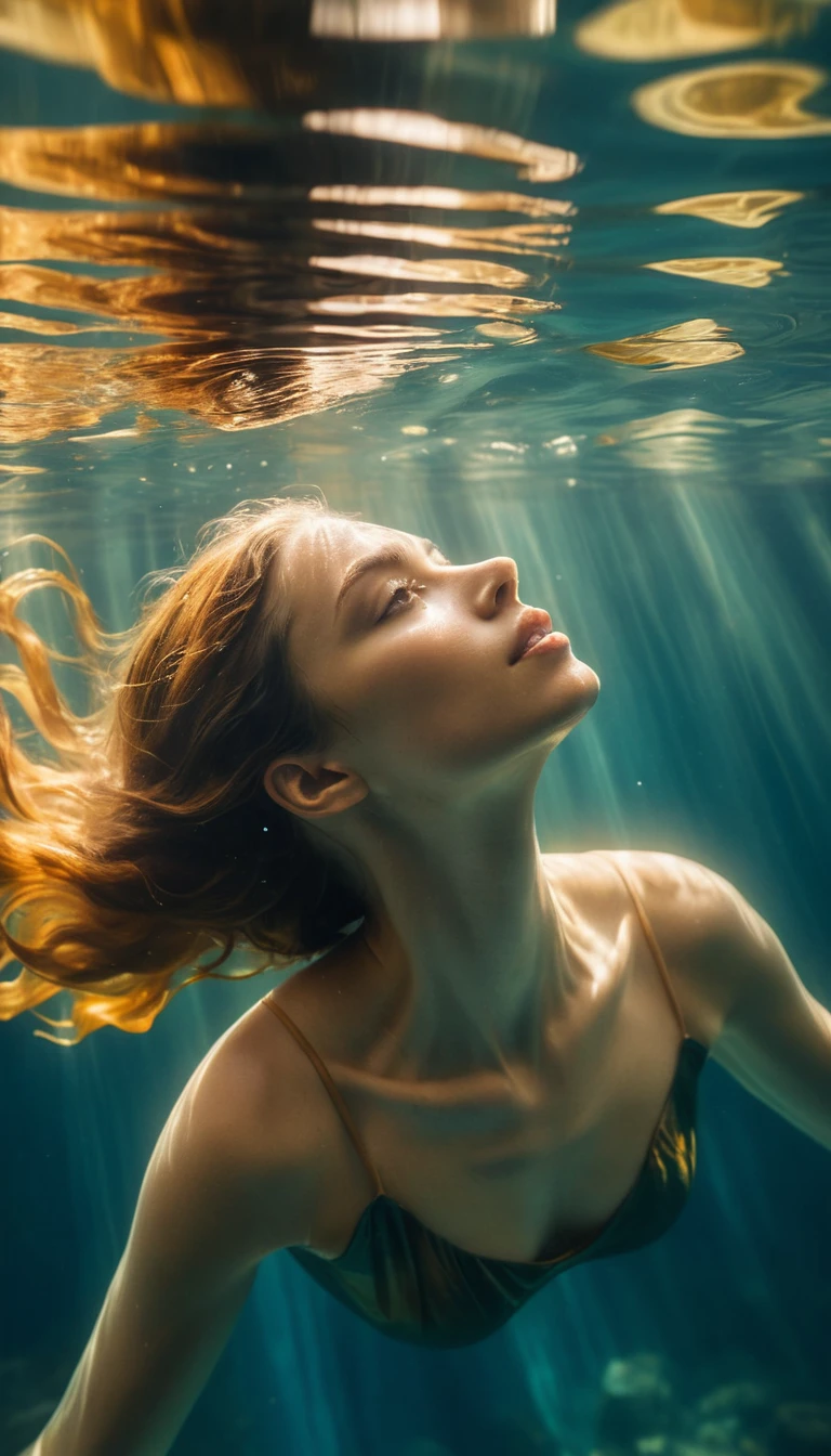 Frau schwebt friedlich unter Wasser nahe der sonnendurchfluteten Oberfläche