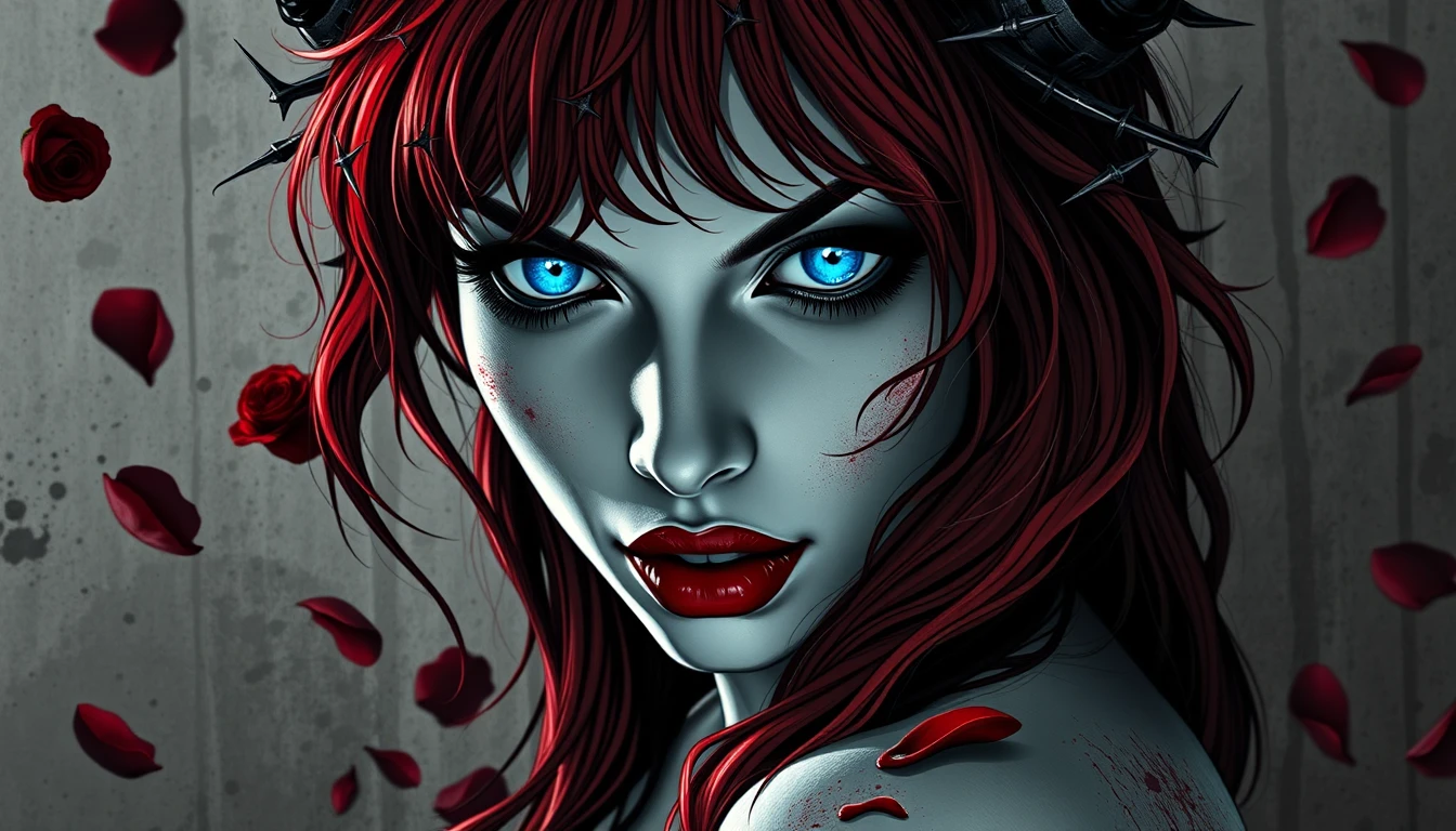 Mulher demônio surreal com olhos brilhantes e cabelo vermelho espinhoso