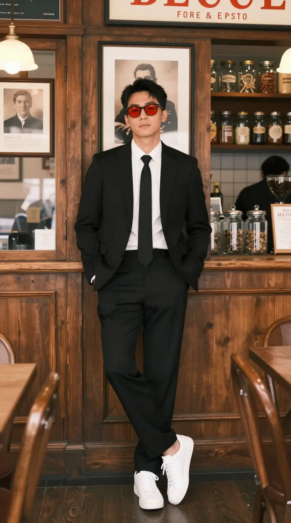 身穿黑色外套的時尚女子在復古咖啡館擺姿勢