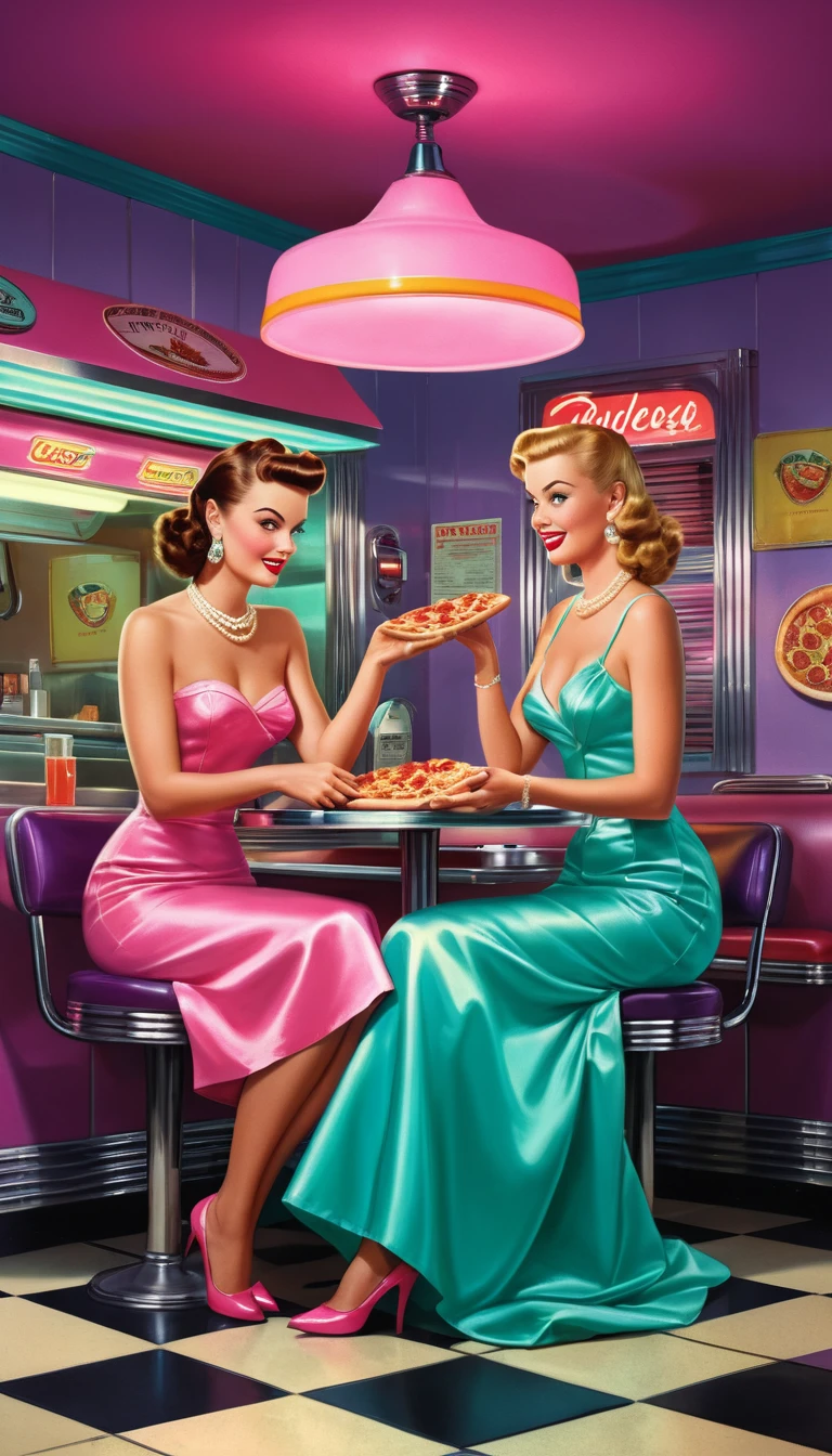 Elegant neon octopus in a retro diner enjoying mango pizza