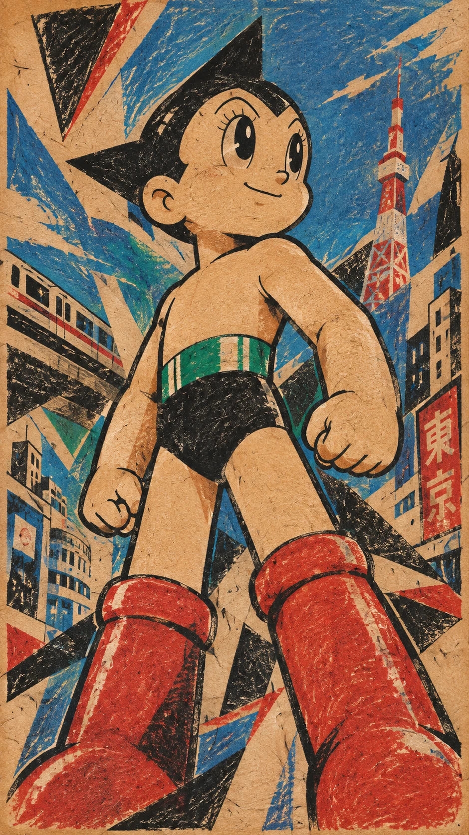 Heroischer Anime-Junge über der Skyline des Tokios der 1960er-Jahre