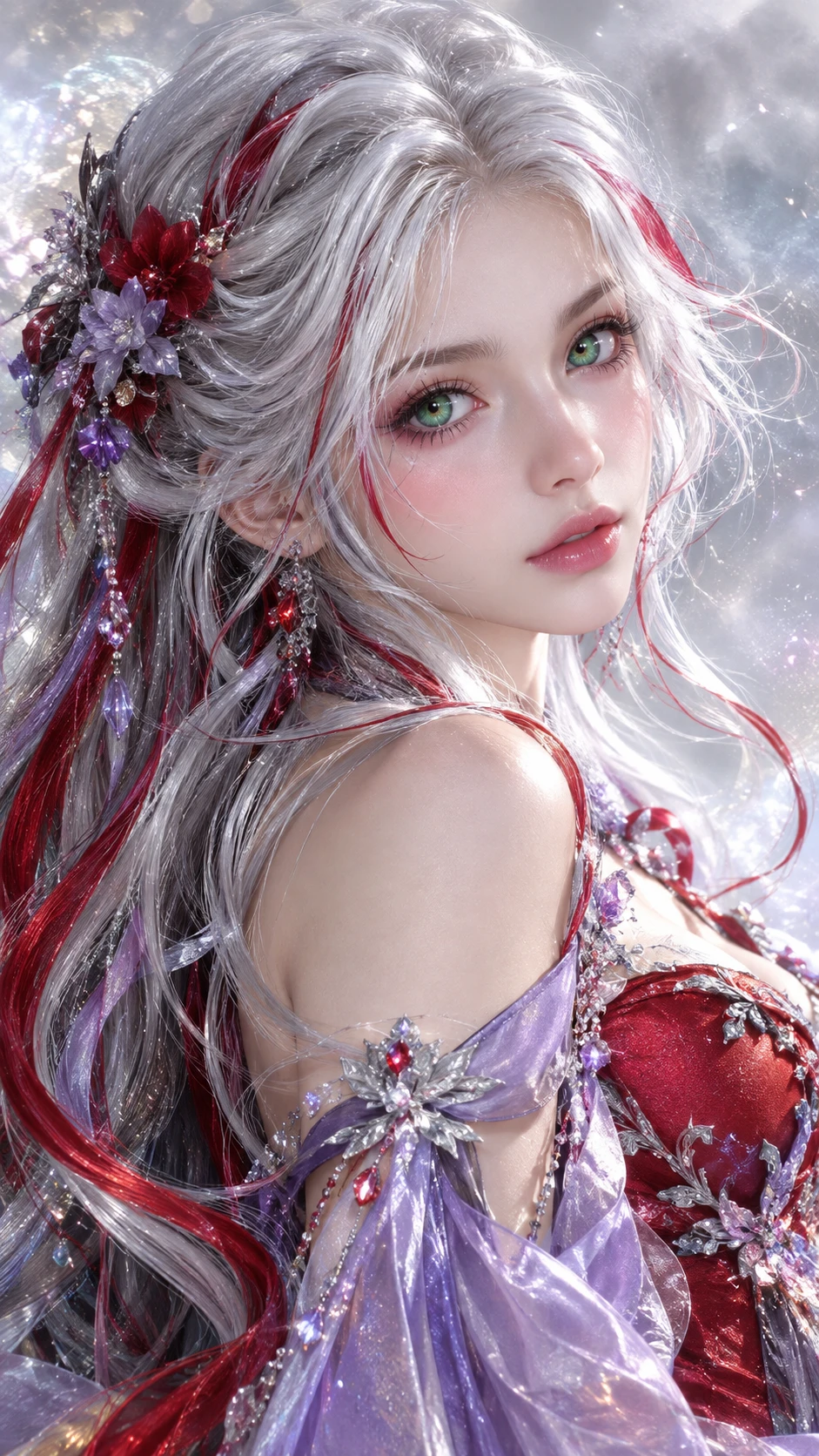 Garota de fantasia com cabelo branco prateado e cores vibrantes