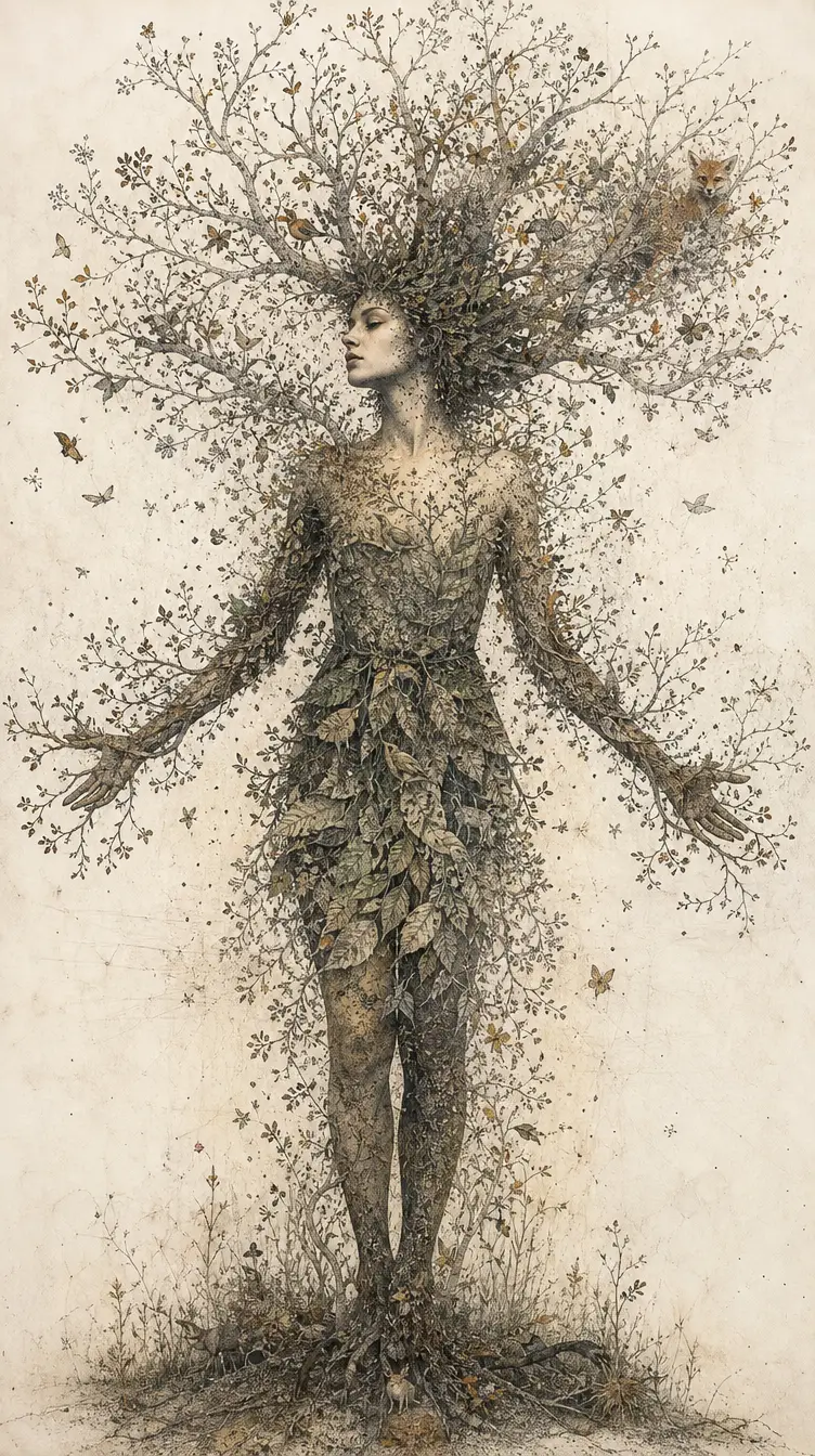 Woman transforming into a symbolic tree through dense stippling