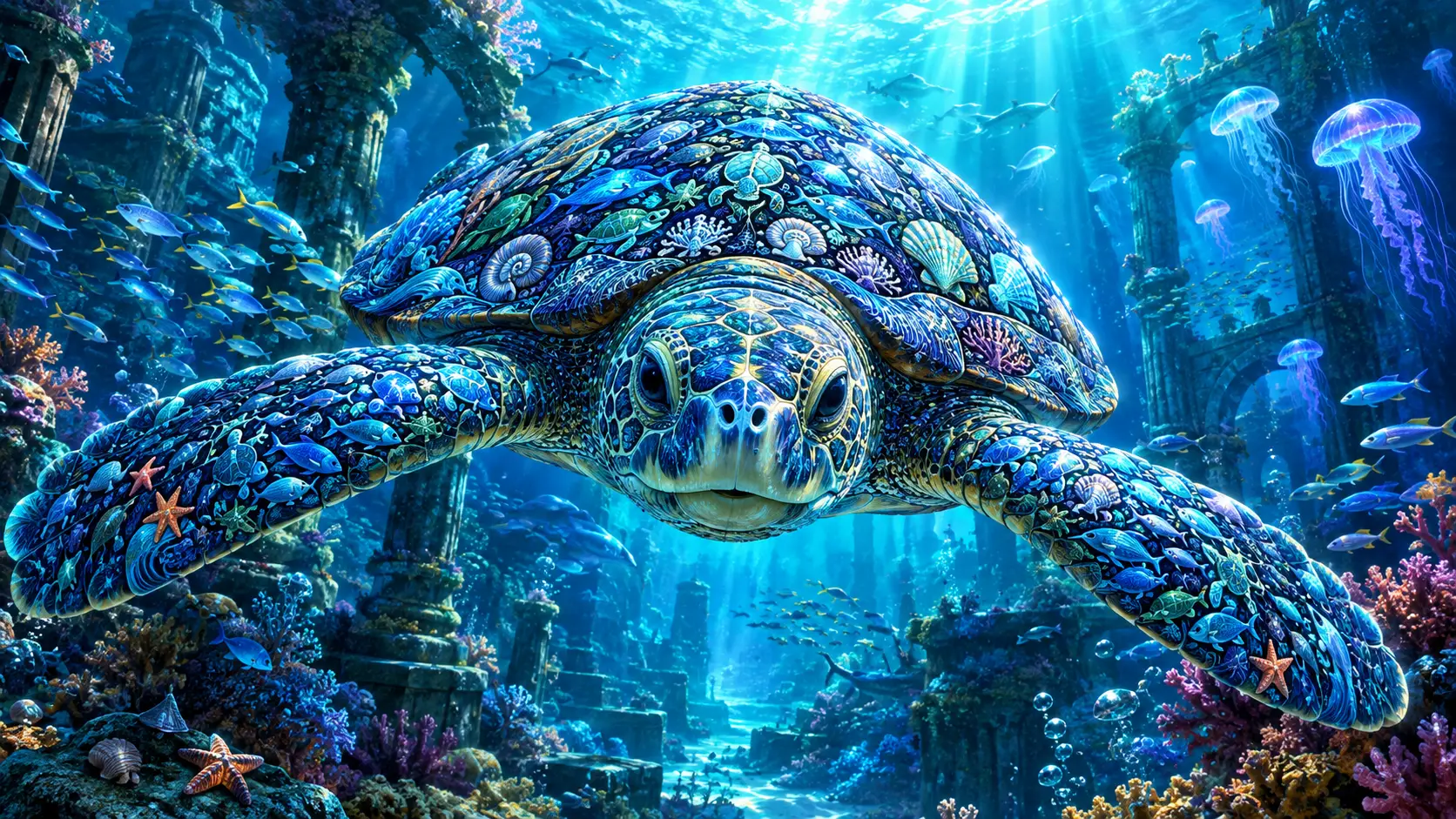 Tortue de mer nageant vers le spectateur dans des ruines sous-marines mystiques
