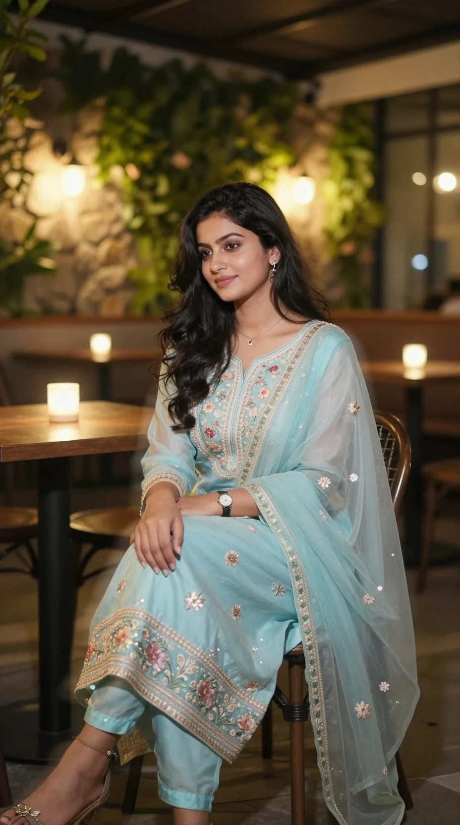 Jovem mulher de salwar em um café aconchegante à noite