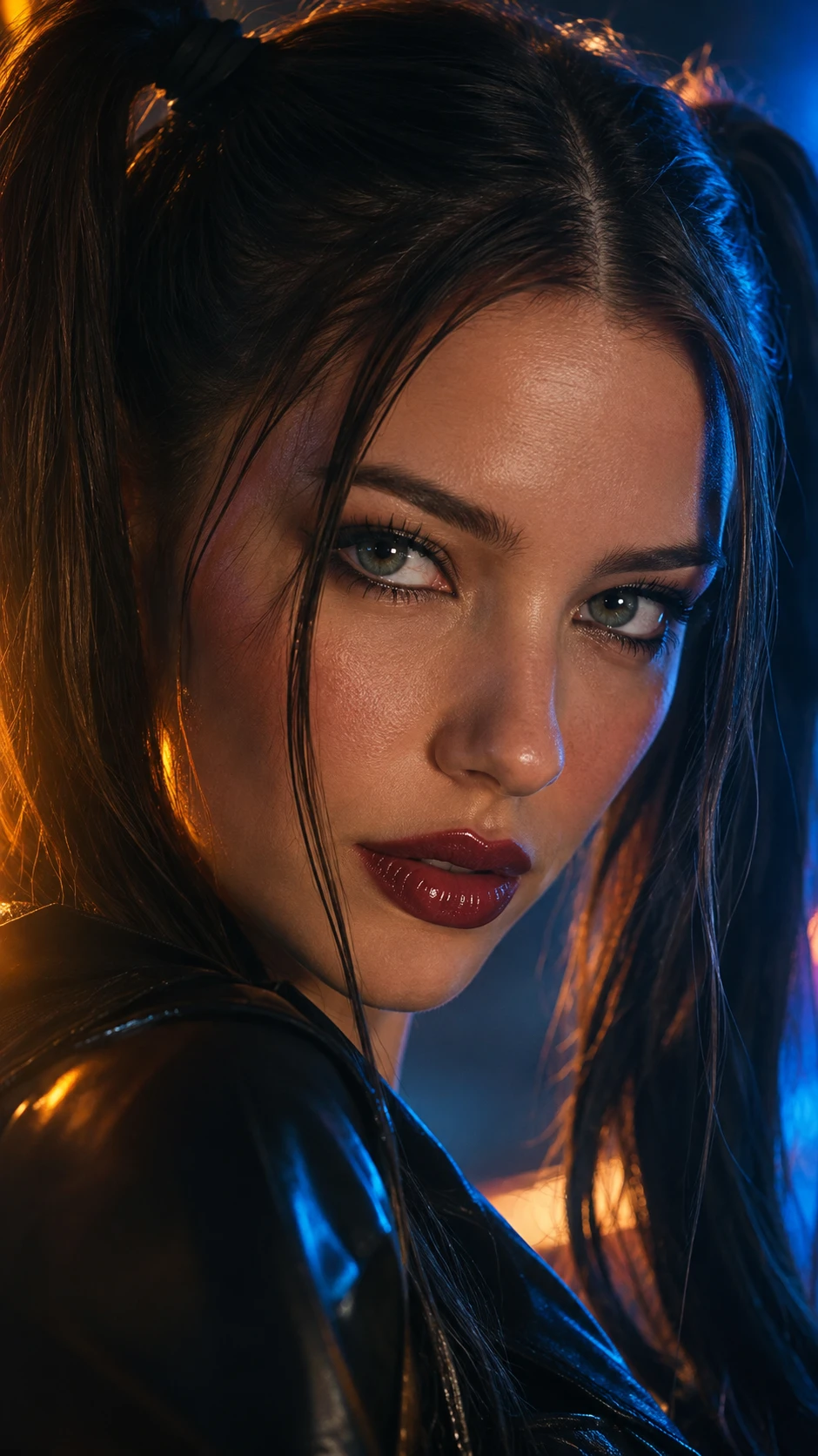 Retrato cinematográfico em close de uma mulher adulta misteriosa