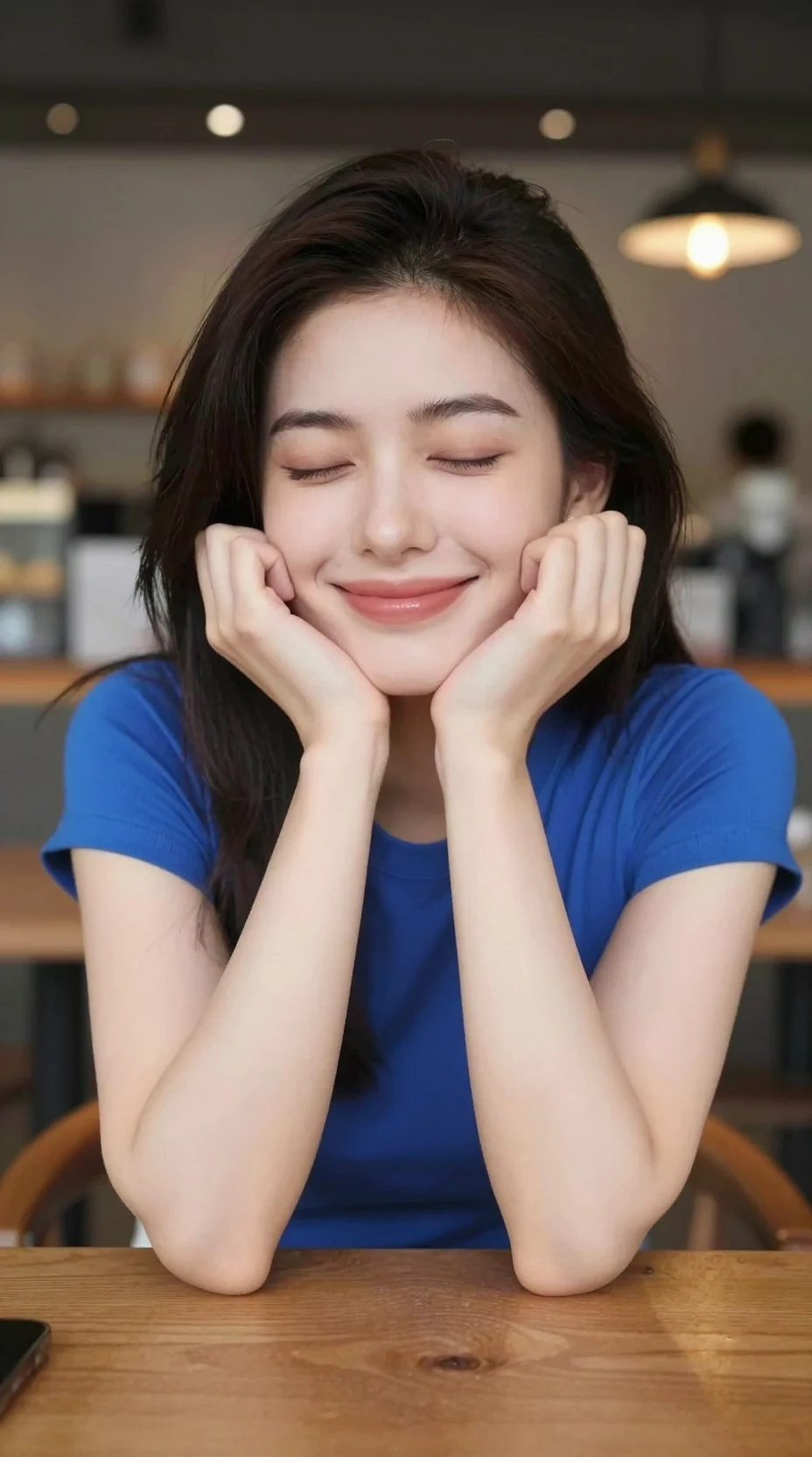 身穿藍色上衣的微笑女子在溫馨咖啡館中放鬆