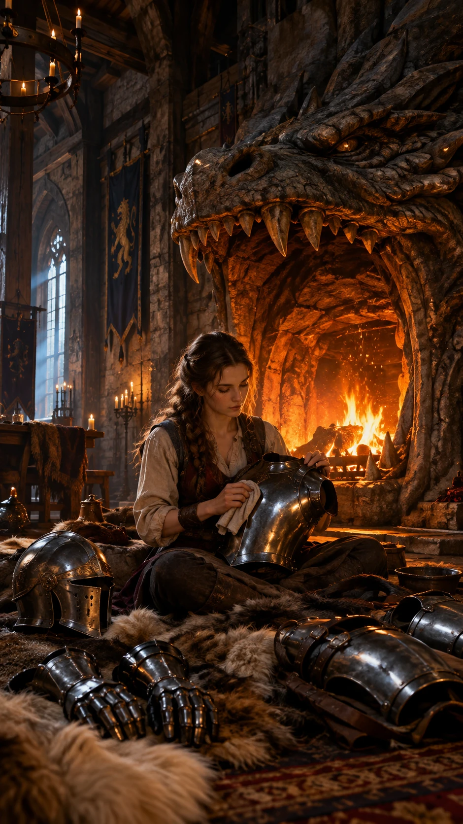Warrior woman polishing armor by dragon mouth fireplace