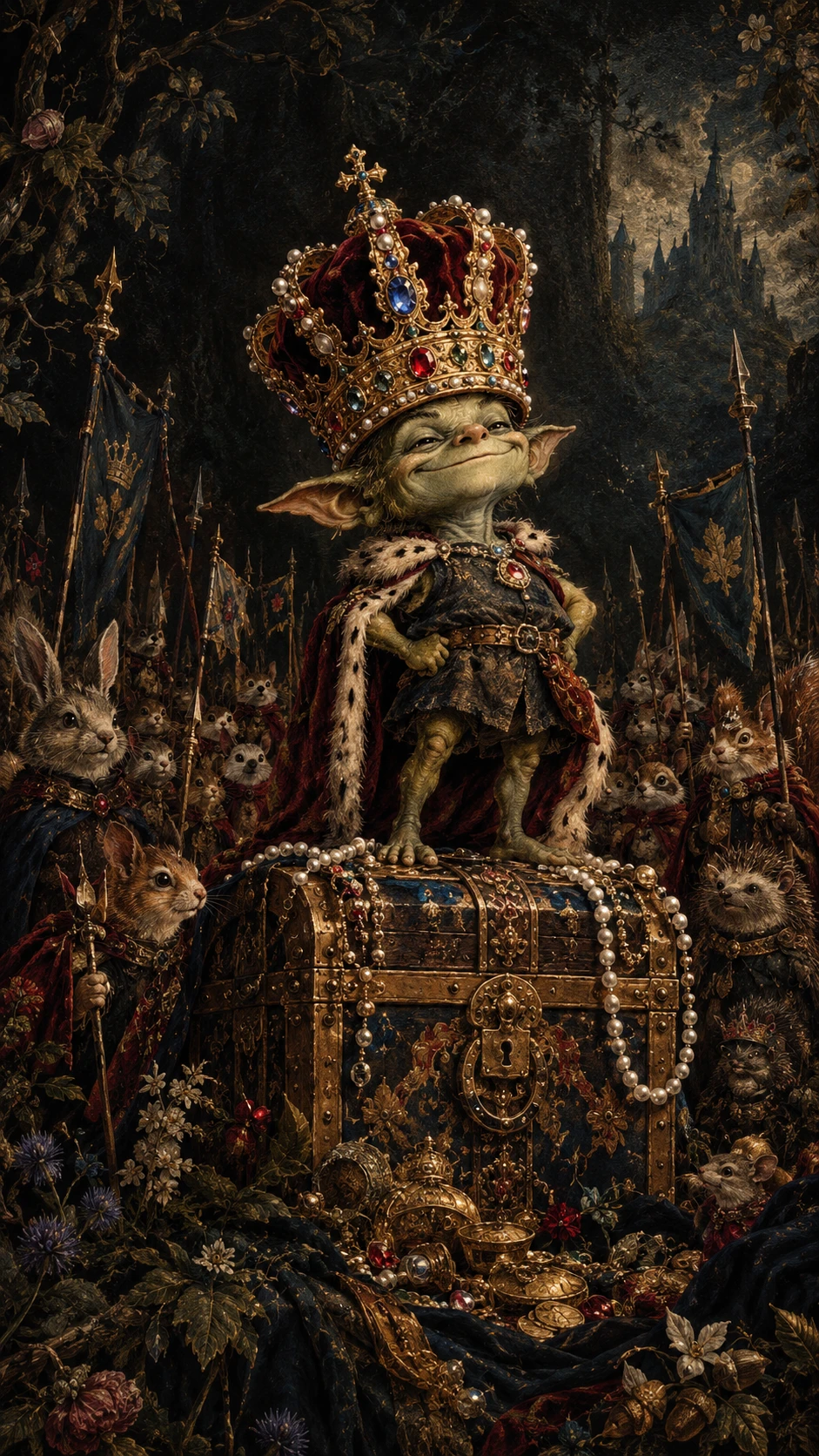 Pequeno Rei Goblin em Pé Orgulhoso Sobre um Baú de Tesouro