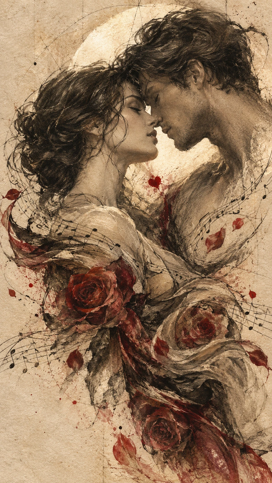 Amantes íntimos em grafite com rosas musicais e halo de luz