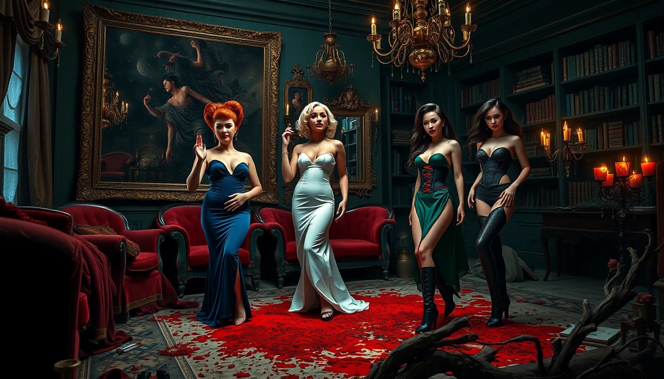 Three elegant women in a dark surreal boudoir