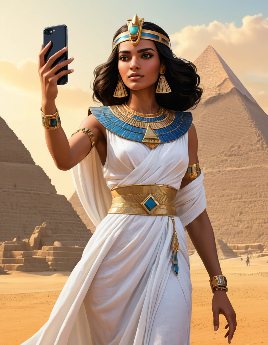 Princesse égyptienne prenant un selfie devant de lointaines pyramides du désert