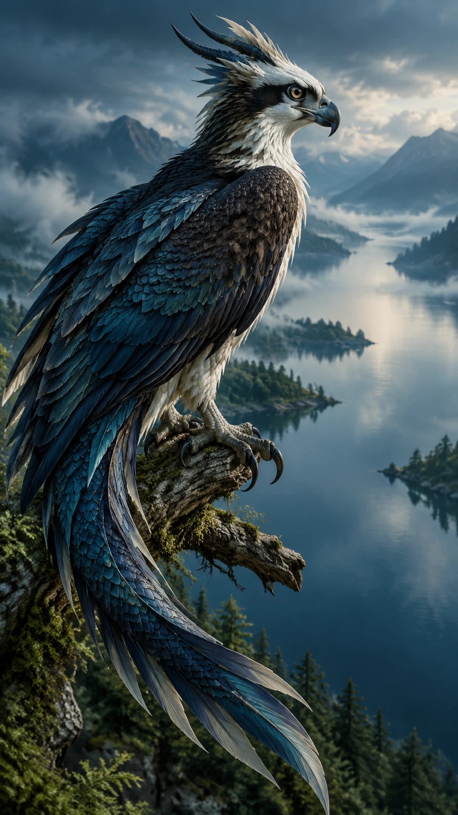 Híbrido de águila pescadora y dragón sobre un lago tranquilo y brumoso