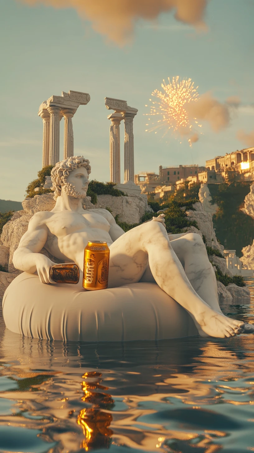 Greek marble statue relaxing in a hotel pool during fireworks