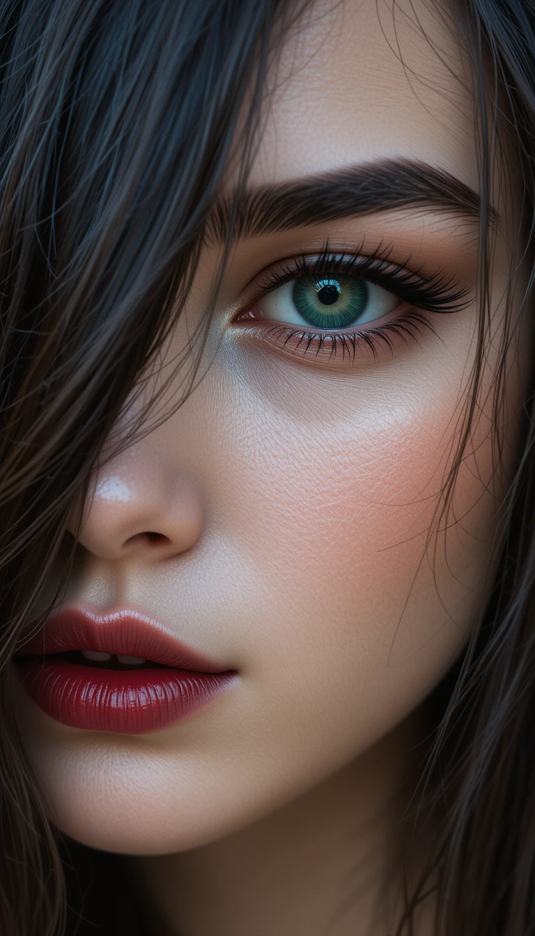 Retrato em close de uma mulher morena com olhos verde-esmeralda