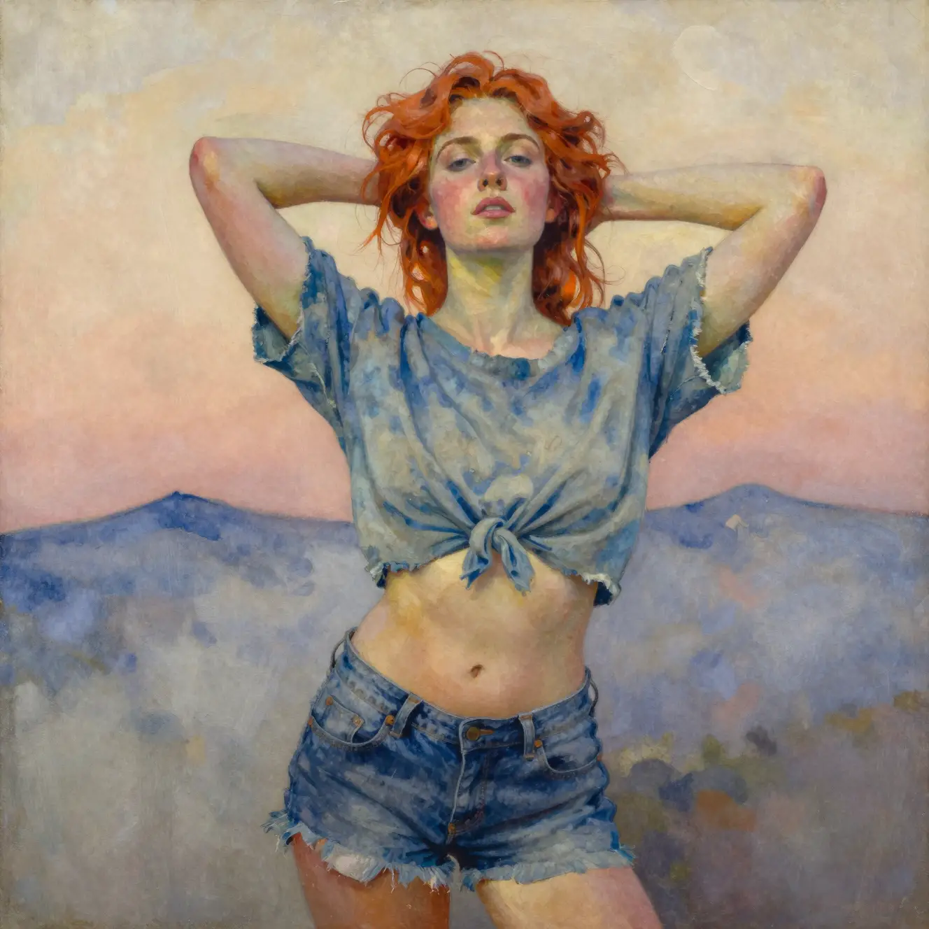 Young woman in denim against soft mountain sunset sky