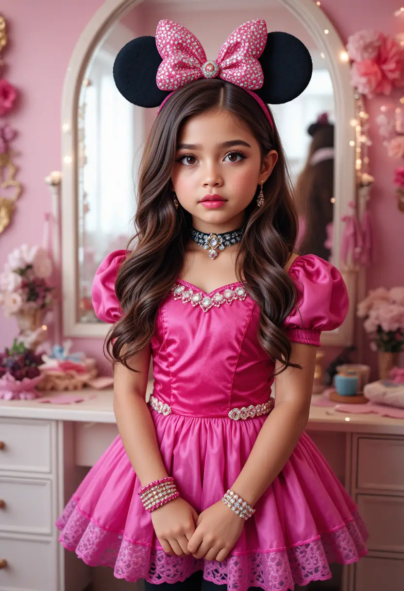 Tween boy in princess costume posing at bedroom vanity