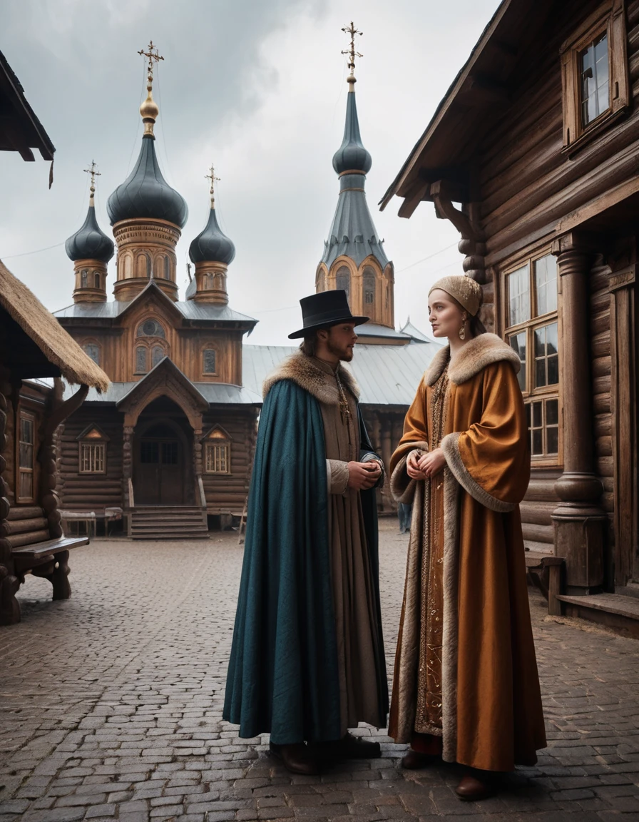 Nobre russa medieval conversando com magistrado na praça da cidade