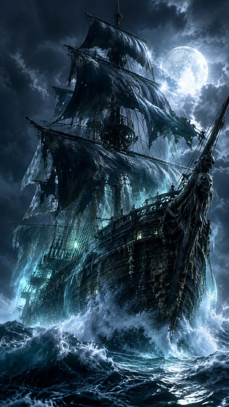 Navio fantasma surgindo de um oceano tempestuoso ao luar