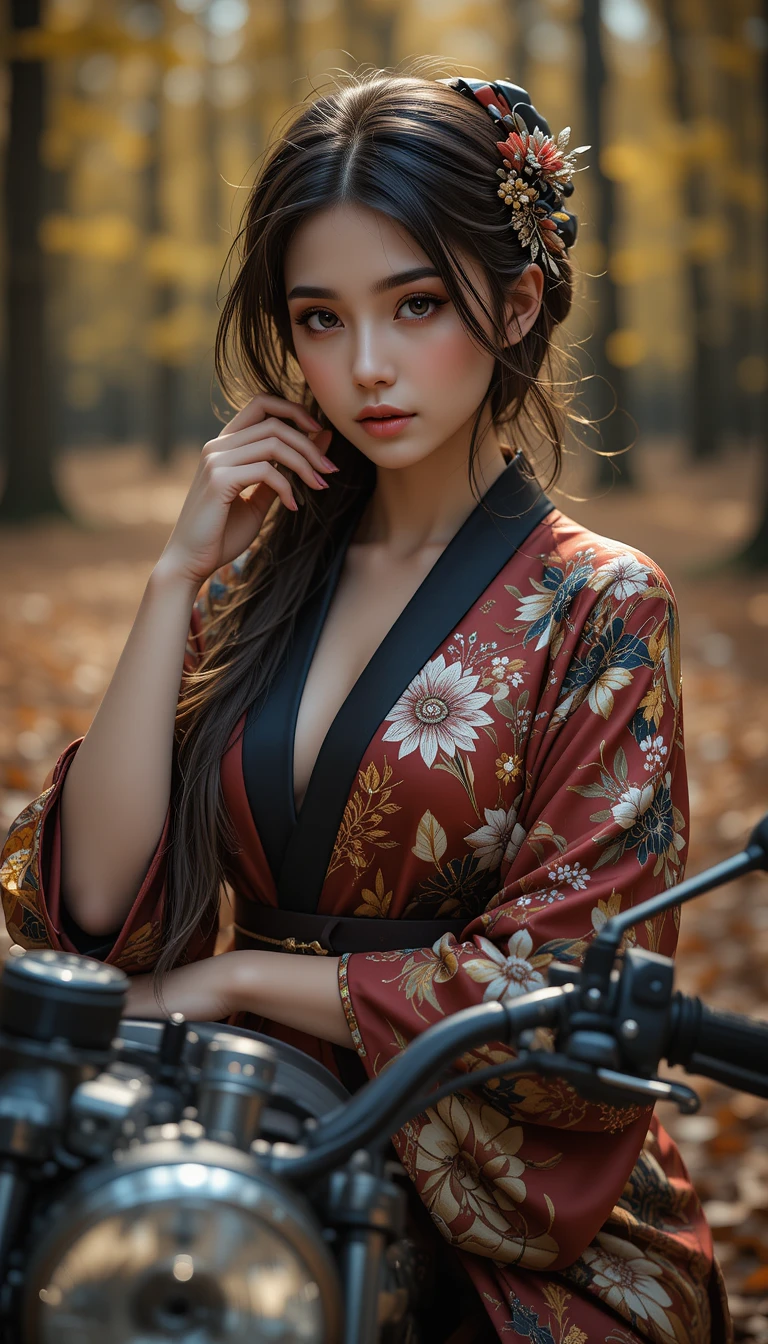 Mulher elegante de haori de motociclista posando em floresta de outono