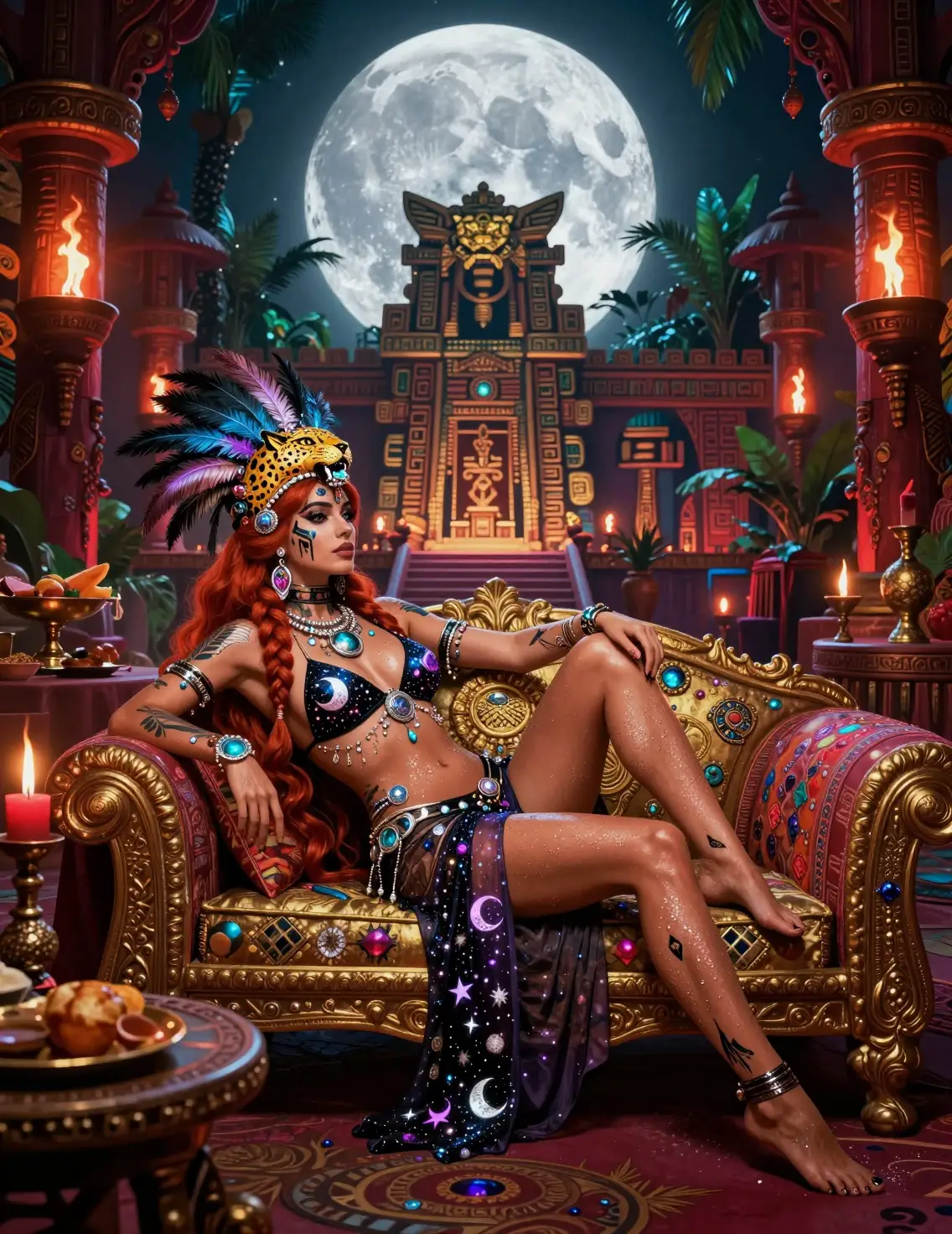 Sensuale principessa lunare dai capelli rossi distesa in un tempio azteco