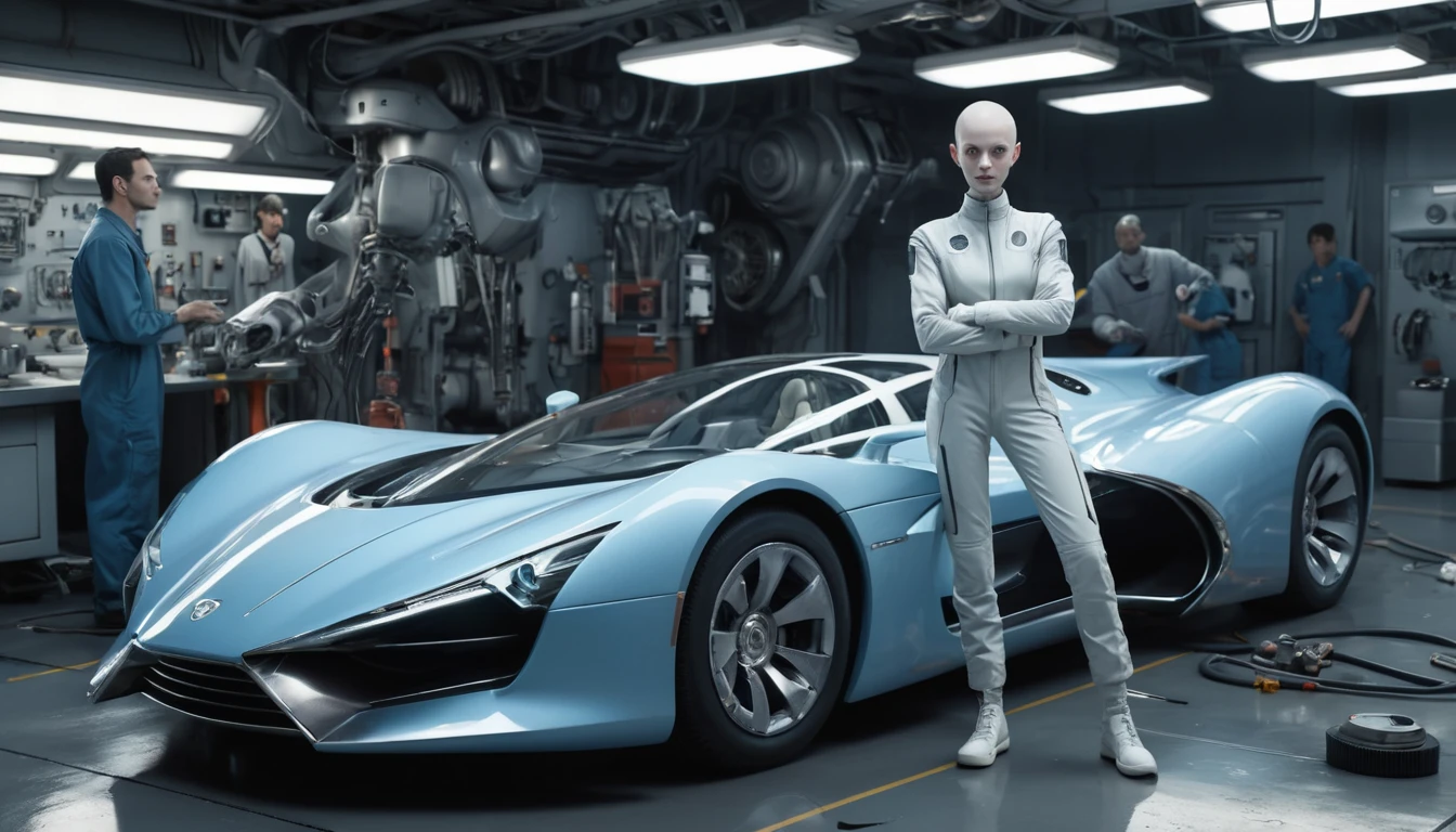 Mecânica alienígena de quatro braços trabalhando sob um carro aéreo elegante