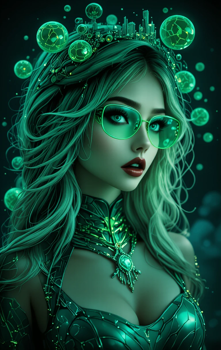Mulher cyberpunk com cristais verdes no vazio cósmico