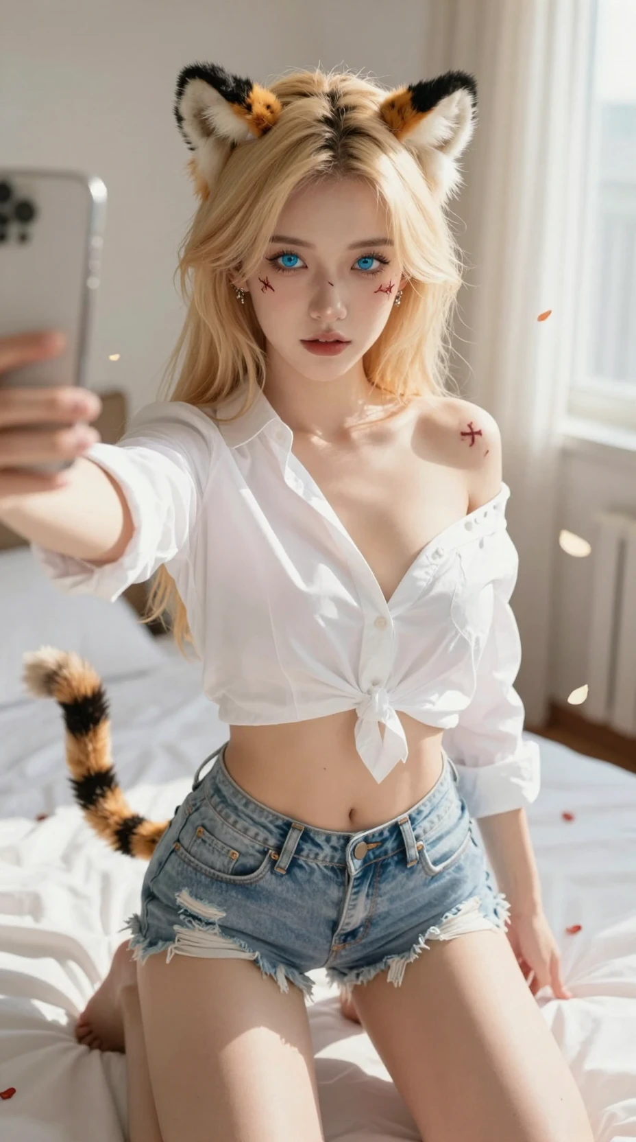 Blondes Anime-Katzenmädchen macht ein verspieltes Schlafzimmer-Selfie