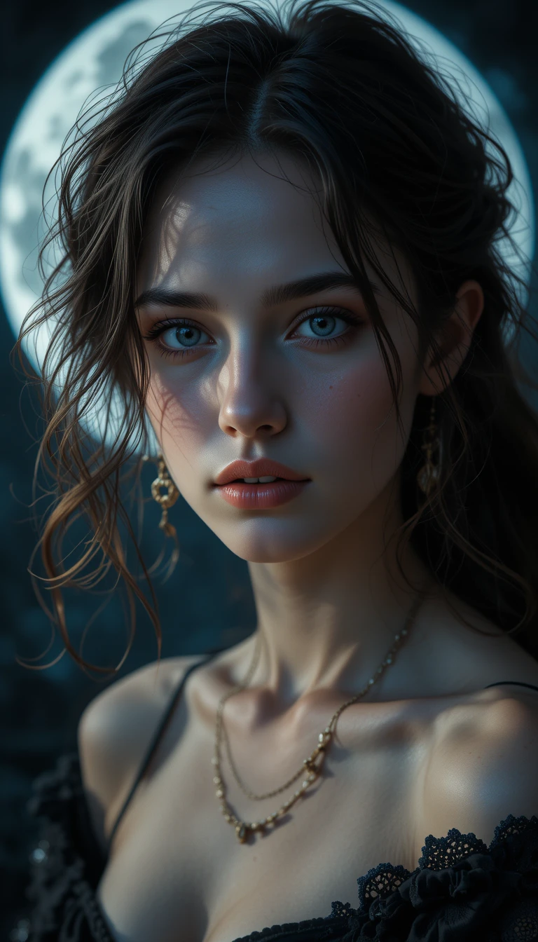 Portrait rapproché au clair de lune d’une jeune femme mystérieuse