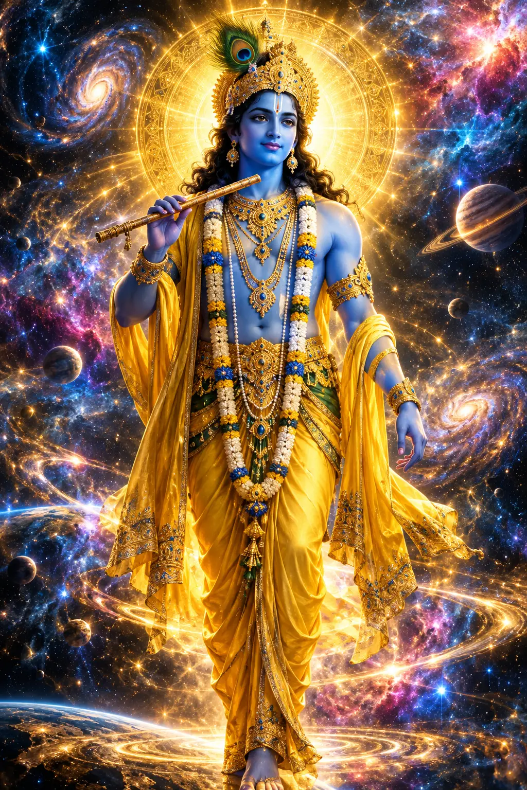 Figure divine bleue debout dans un espace cosmique lumineux