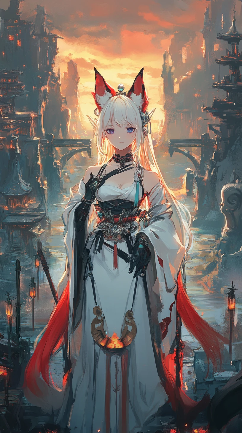 Garota de anime em plataforma acorrentada com pirâmide de olho demoníaco brilhante
