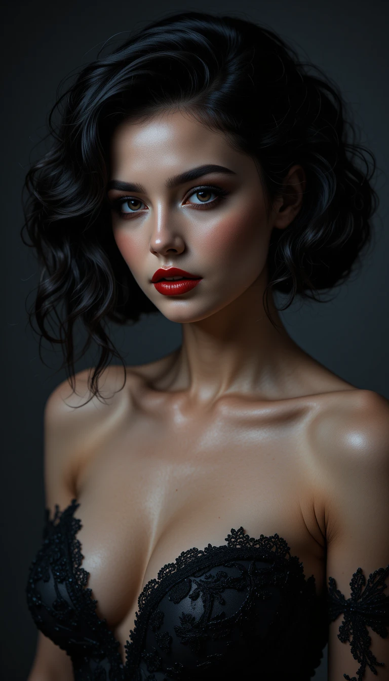 Femme gothique en studio sombre avec ombres dramatiques