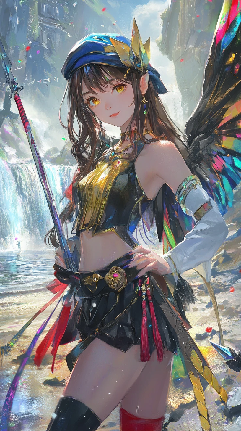 Fille d’anime aux ailes de dragon près d’une cascade et d’une tente