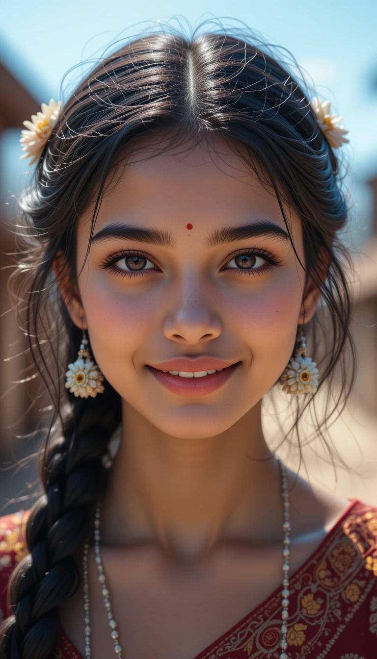 Smiling Indian village girl under a bright blue sky
