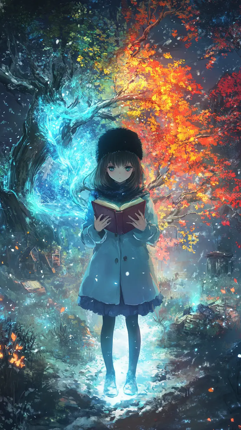 Anime girl reading a book between life and ruin worlds