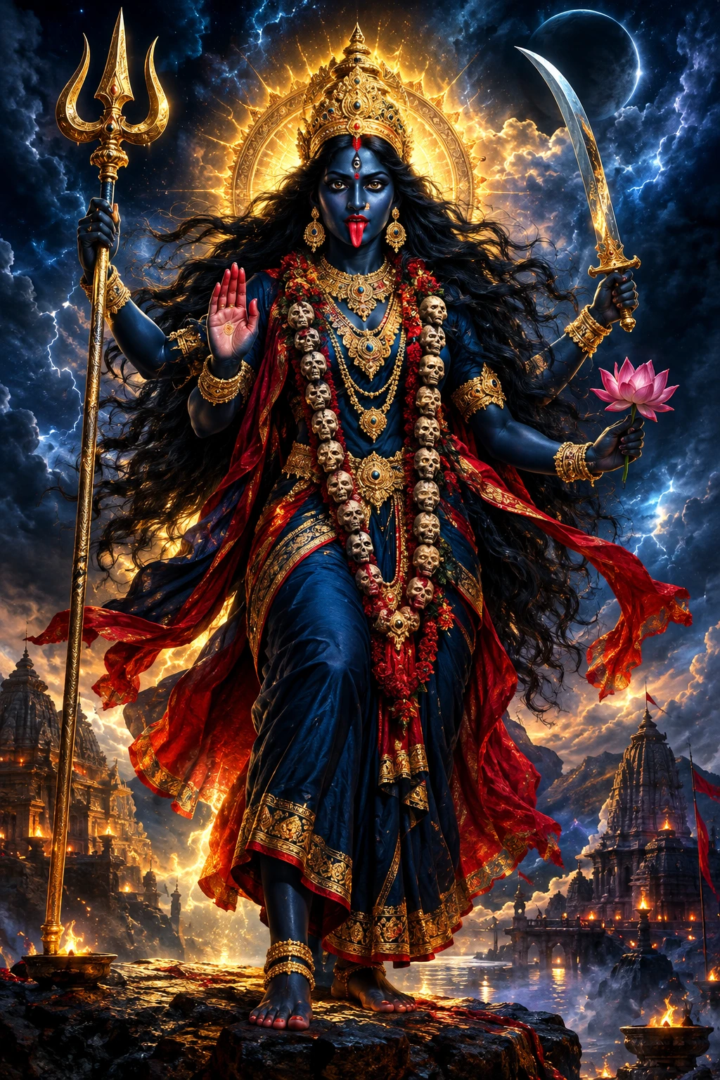 La divina Kali in piedi in un feroce cielo notturno cosmico