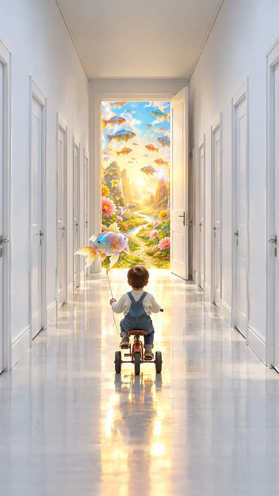 Young Boy Cycling Down Endless White Corridor Toward Light