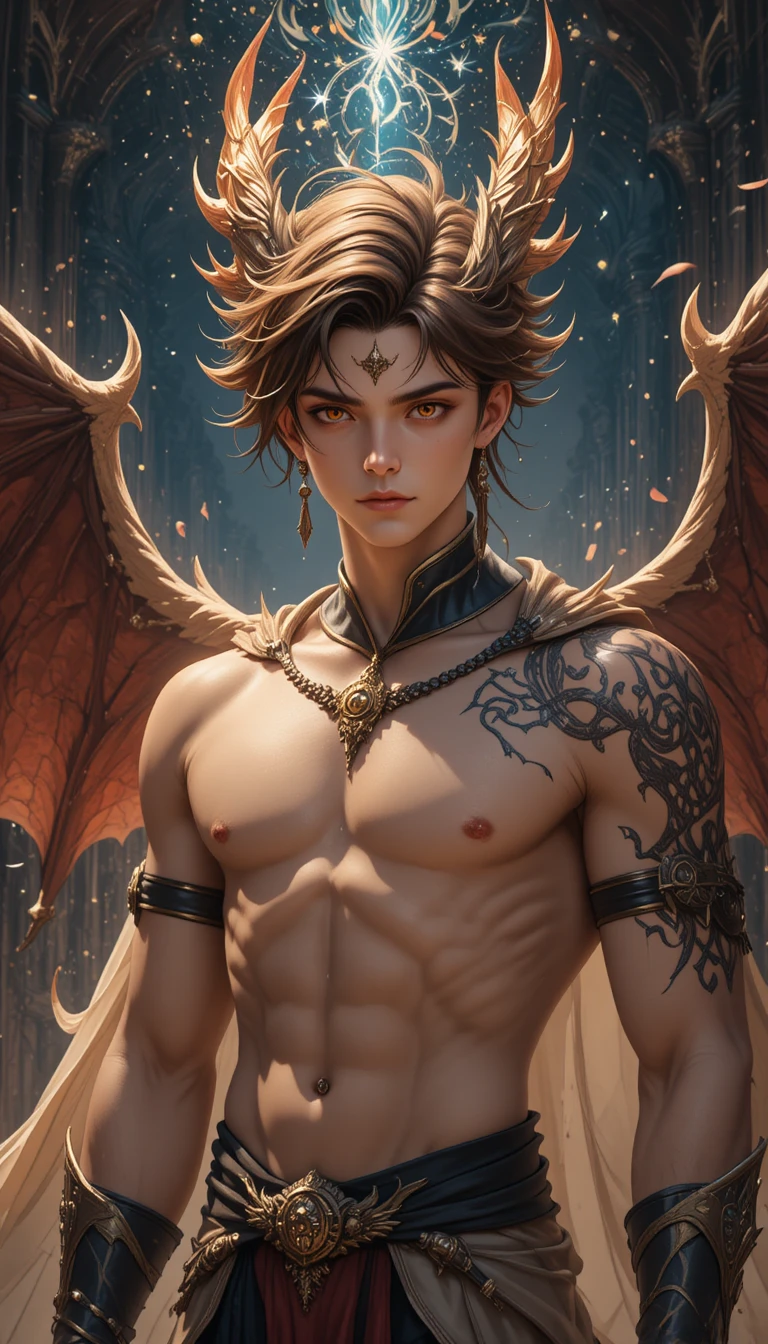 Eroe anime con corna di drago, ali oscure e armatura