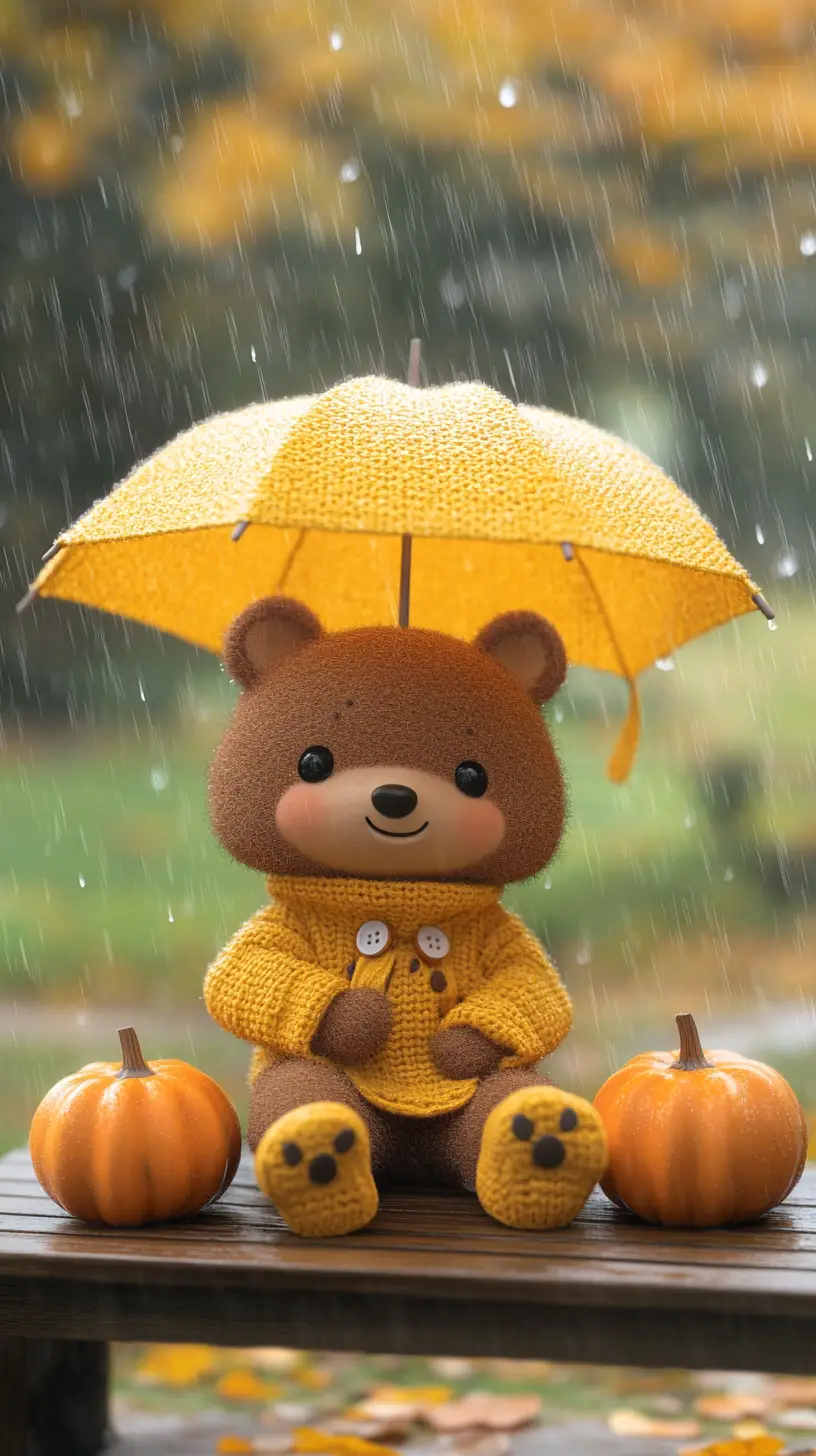 黃毛線雨傘下坐在公園長椅上的可愛小熊