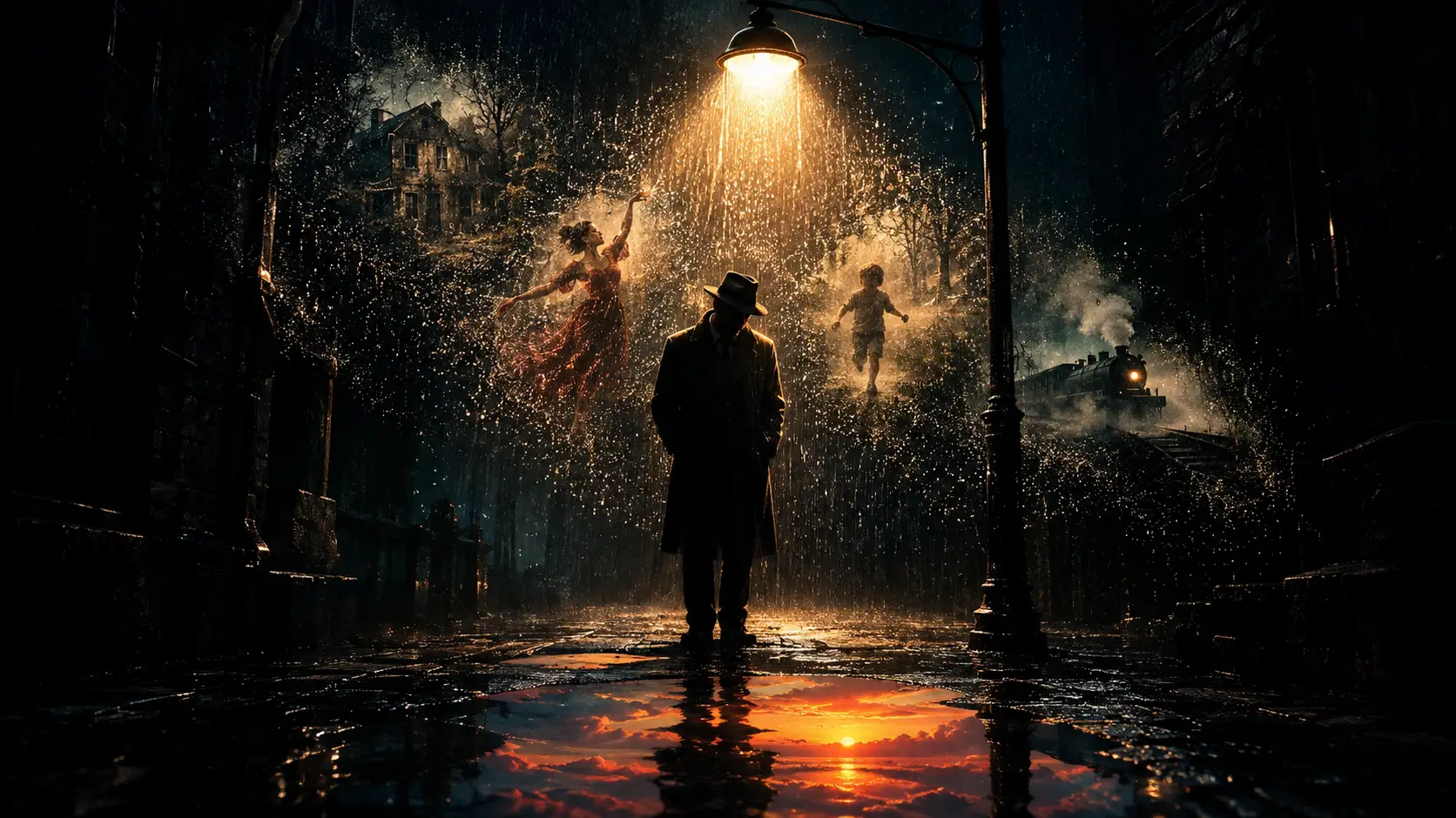 黑暗雨巷中街燈下的孤獨男子
