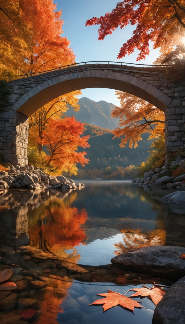 Pont de pierre au‑dessus d’un ruisseau d’automne à l’aube flamboyante